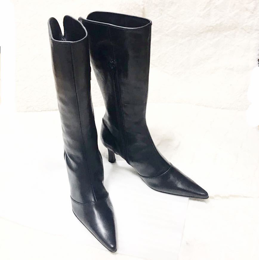 HIPS hip s long boots lady's original leather black 24cm beautiful goods 