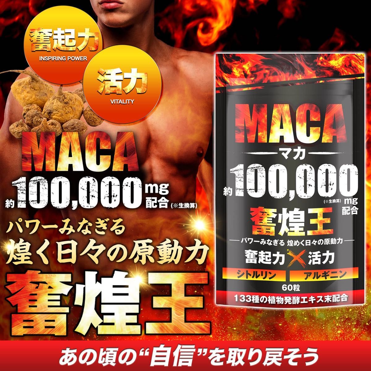 マカ 100,000mg 奮煌王 サプリ 亜鉛 シトルリン アルギニン ペルー産 濃縮有機マカ 厳選133種 60粒