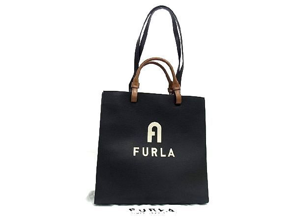 ■新品同様■ FURLA フルラ ヴァーシティ スタイル レザー ハンドバッグ トート ショルダー 肩掛け レディース ブラック系 AR1607