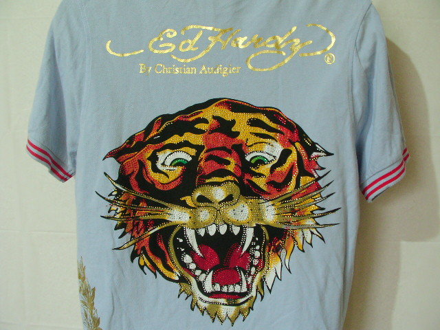 ssy7192 Ed Hardy 半袖 ポロシャツ ブルーグレー ■ プリント ■ ラインストーン タイガー Christian Audigier Lサイズ エドハーディー_画像5