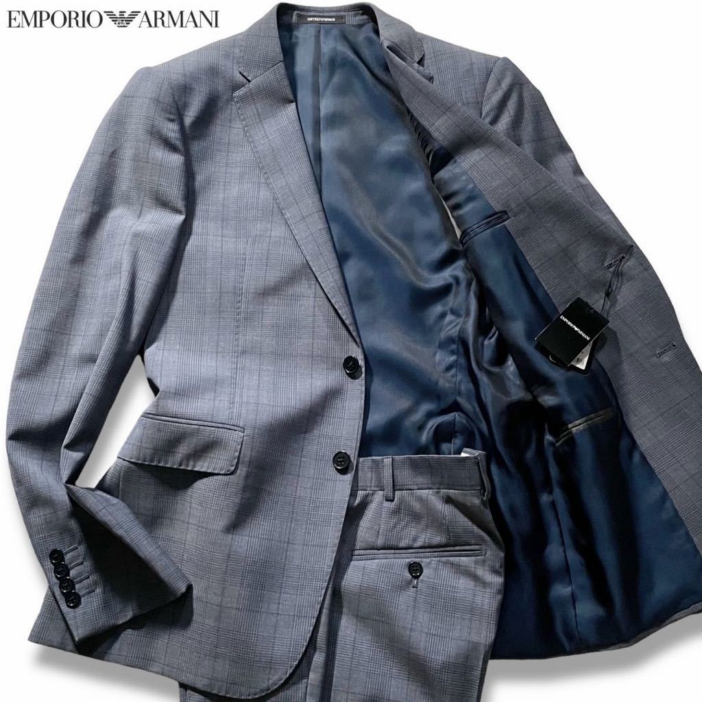 新品タグ付き/Lサイズ エンポリオ アルマーニ スーツ セットアップ EMPORIO ARMANI 最高級ウール グレンチェック グレー ネイビー 通年 48