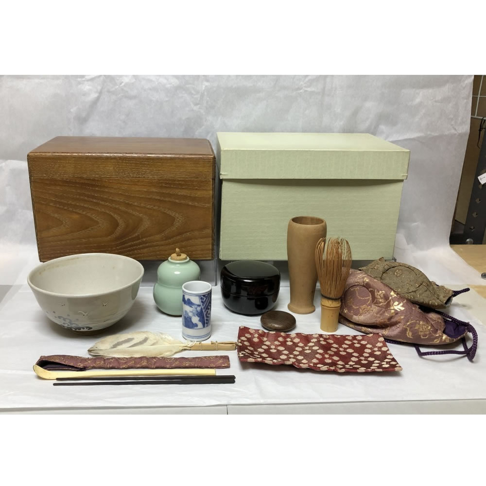 茶箱 桑 利休茶箱 野点 茶道具セット 抹茶碗 仕覆 棗 振出 茶道具【k2591】