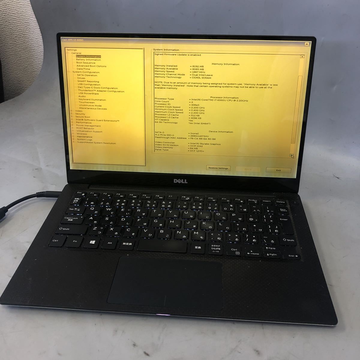 信頼】 XPS JXJK3756【ジャンク】DELL 13-9350/Core ：256GB/BIOS確認