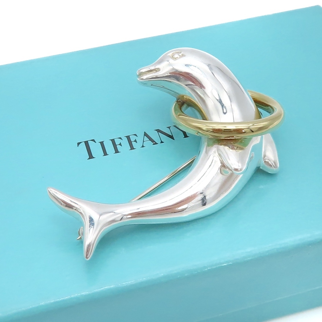 【送料無料】 希少 美品 Tiffany&Co. ヴィンテージ ティファニー ドルフィン ゴールド シルバー コンビ ブローチ K18 SV925 イルカ HS84_画像1