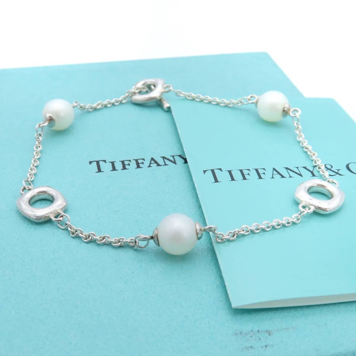 【送料無料】 極希少 美品 Tiffany&Co. ティファニー 3P パール スクエア クッション トグル シルバー ブレスレット SV925 真珠 HS12_画像1