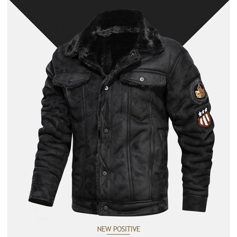 2XL ブラック 中綿ジャケット メンズ フェイクムートン 裏ボア 暖かい 保温 ミリタリー系 ワッペン付き_色：ブラック