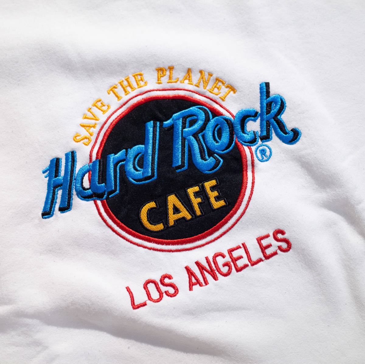 【USA製】L / HARD ROCK CAFE ハードロックカフェ LOS ANGELES ロサンゼルス スウェット 白 ホワイト トレーナー 刺繍ロゴ クルーネック