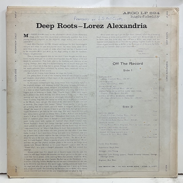 ●即決VOCAL LP Lorez Alexandria / Deep Roots Lp-694 jv5270 米盤、ミゾナシMonoグレイ ロレツ・アレキサンドリアの画像4