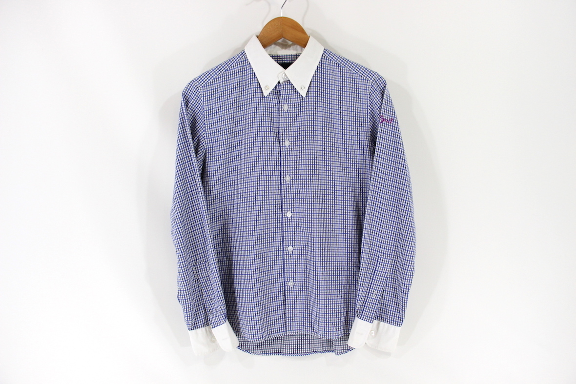 FAT check pattern Y shirt TITCH (M) blue / white blue / white REV long sleeve shirt sleeve collar switch embroidery Logo FATYOefe- tea 