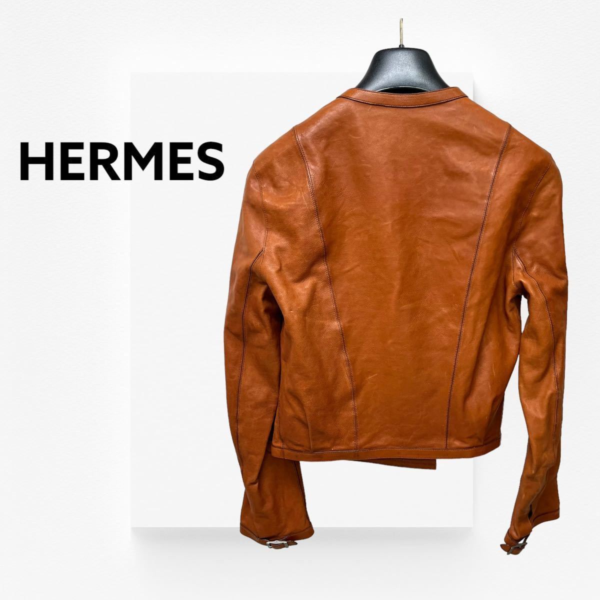 高級 HERMES エルメス 牛革 カーフレザー 裏地シルク ノーカラー ライダースジャケット レディース 高級 HERMES エルメス 牛革 カーフレザー 裏地シルク ノーカラー ライダースジャケット レディース