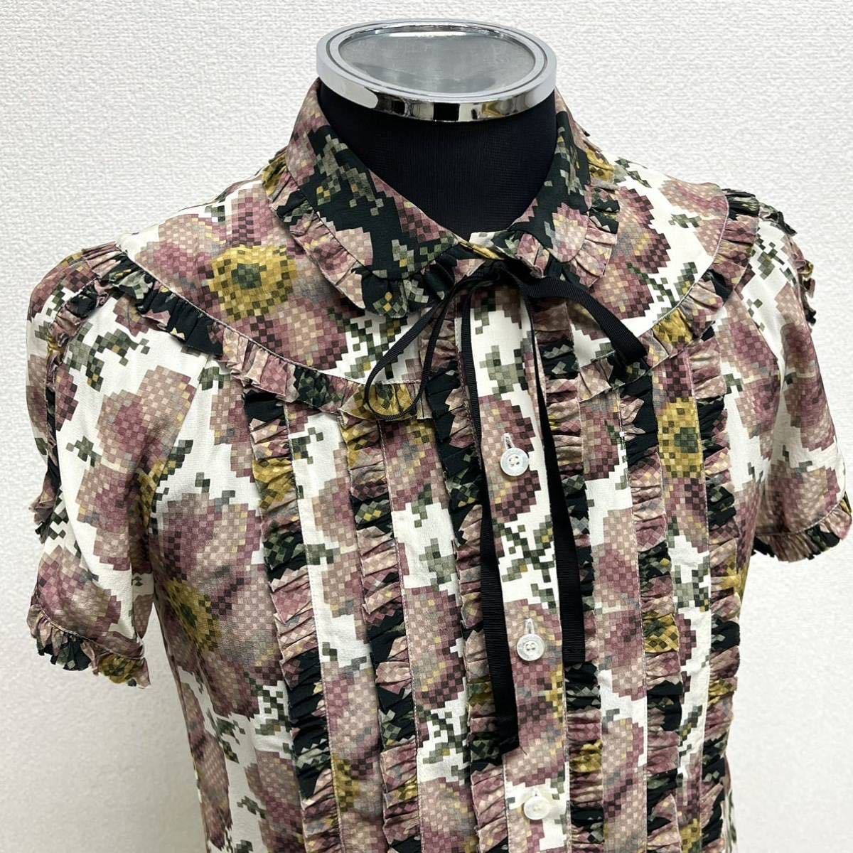 高級 GUCCI グッチ シルク 花柄 総柄 フリル リボン 半袖シャツ 高級 GUCCI グッチ シルク 花柄 総柄 フリル リボン 半袖シャツ
