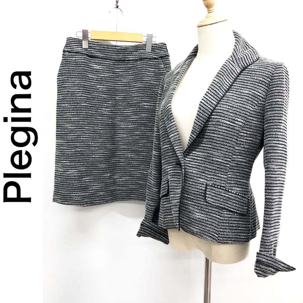 Plegina プレジーナ セットアップ スーツ ジャケット 総裏地 シングルボタン ひざ丈スカート ボーダー グレー系 サイズ11AR L セレモニー_画像1