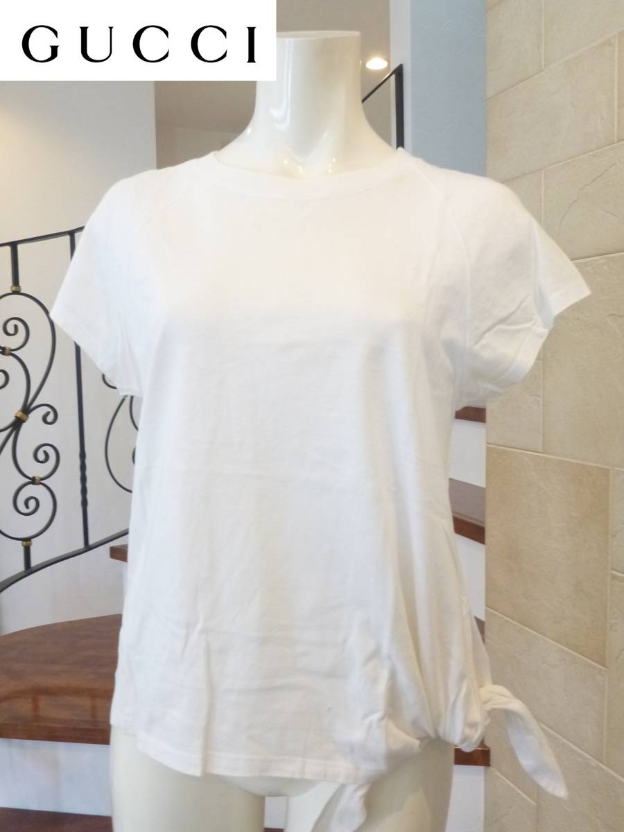 美品 GUCCI グッチ★白　ウエストリボン　ロゴプレート　半袖　Tシャツ M相当　XS