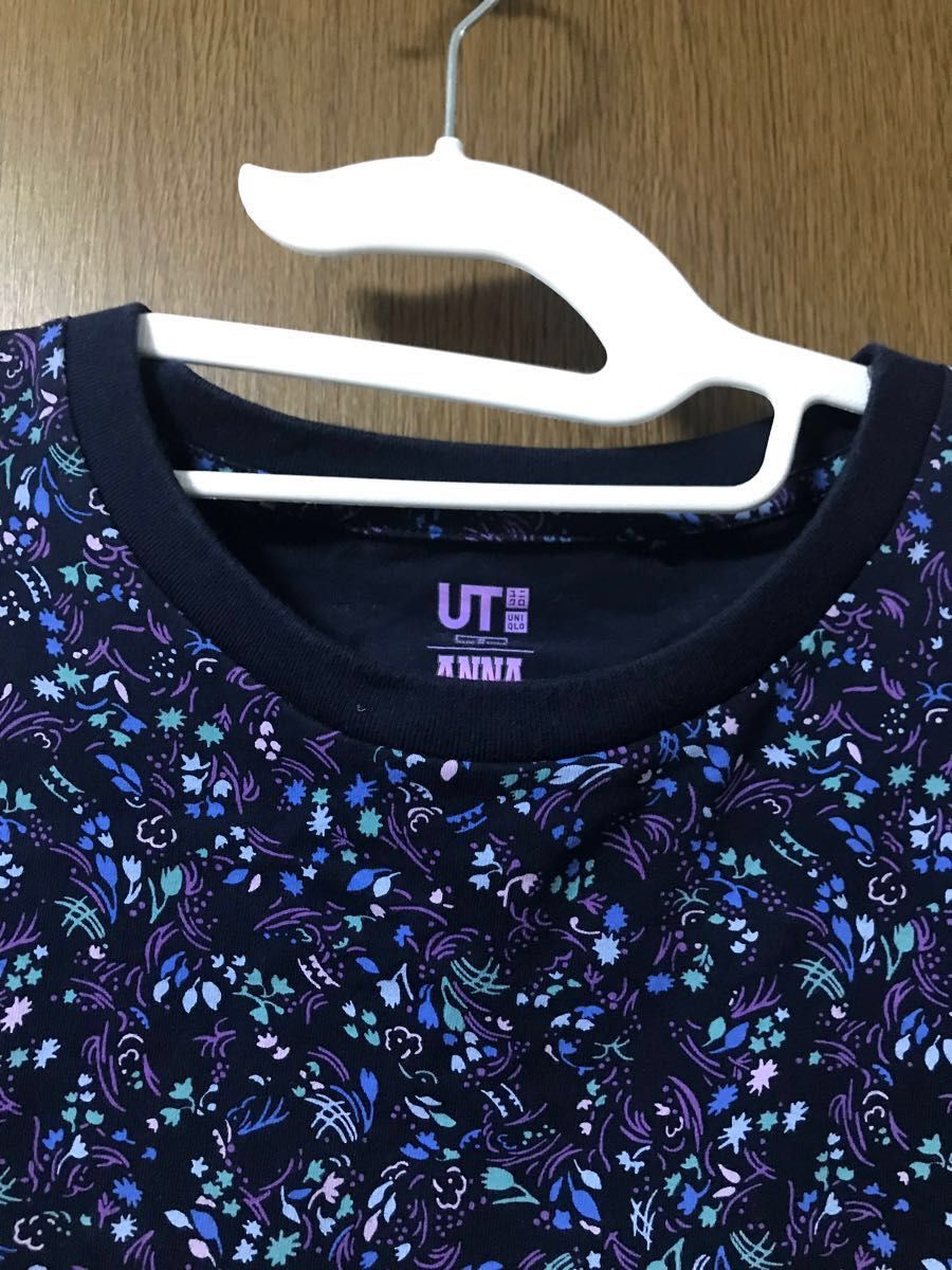 美品　UNIQLO/ユニクロ　UT ANNA SUI/アナスイ　Tシャツ Sサイズ　紺地　小花柄　フリル袖