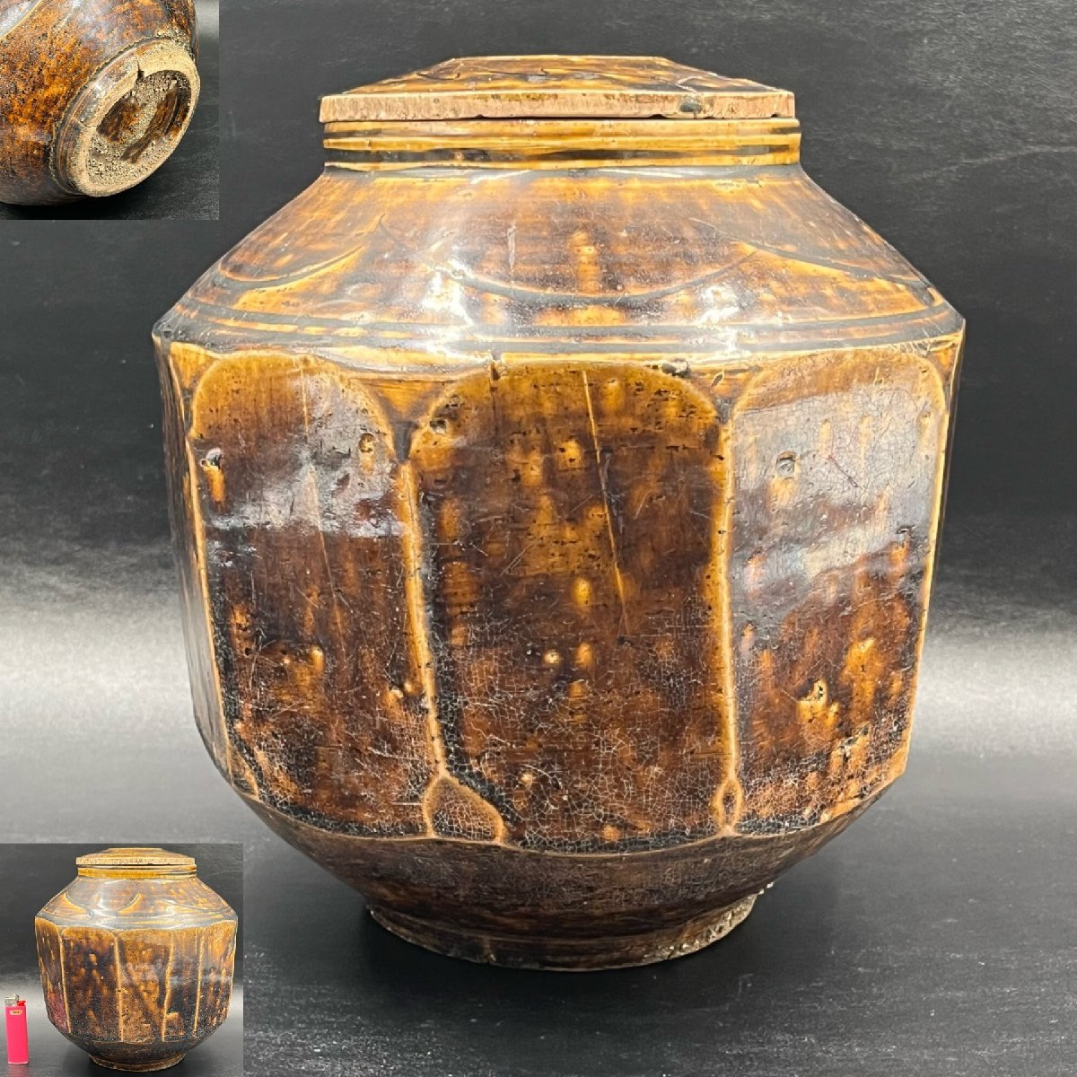 492-1 李朝飴釉蓋付面取壺 検 インテリア置物飾壺時代レトロ骨董古美術
