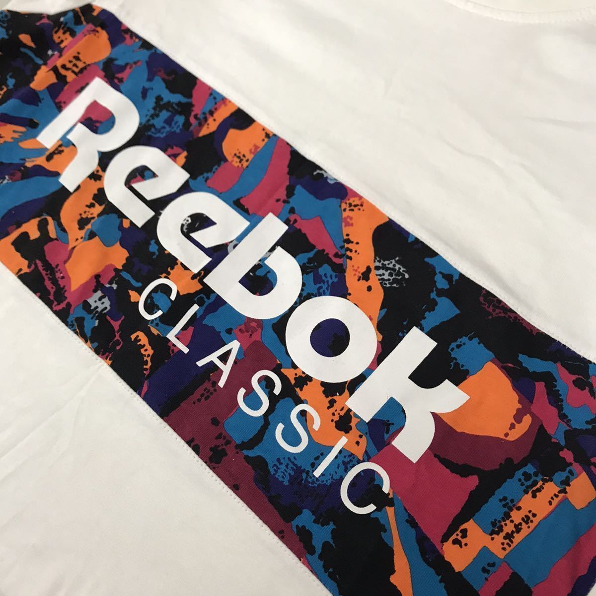 リーボックReebok 半袖 Tシャツ ビッグロゴ プリント 丸首 綿100% classicトップス 男性用 メンズ ホワイト Mサイズ £□