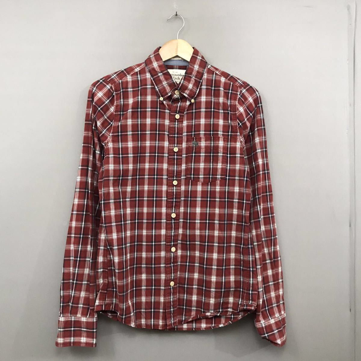  Abercrombie & Fitch Abercrombie & Fitch long sleeve shirt he radio-controller ka embroidery button down shirt flannel shirt check pattern red S size men's man ♭*φ