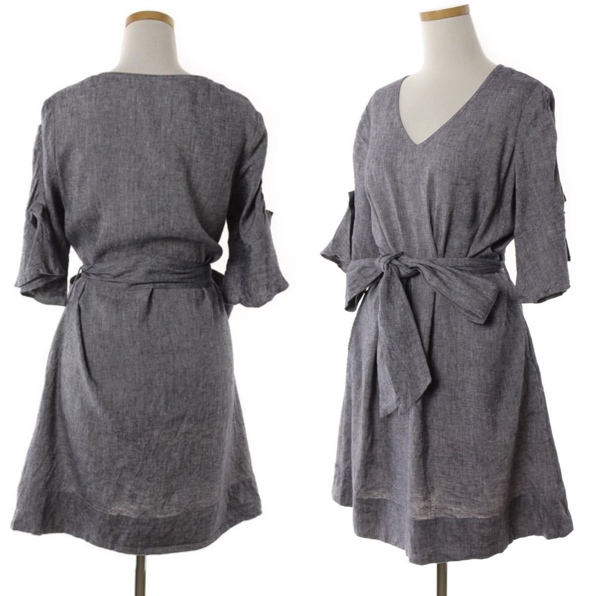 Chesty* ribbon attaching V neck flair sleeve linen One-piece * Chesty flax . minute sleeve 7 minute sleeve ribbon heaven . gray as good as new beautiful goods 
