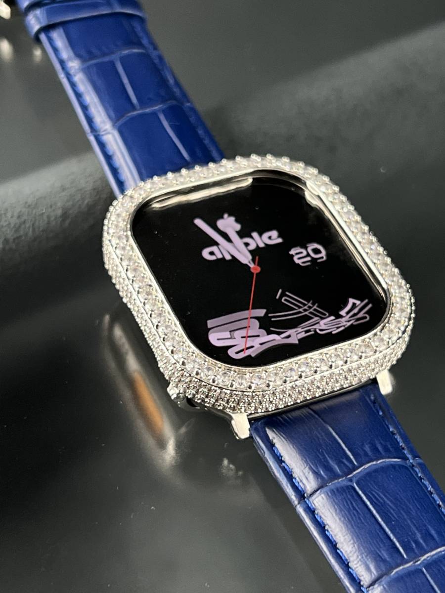 49mm Ultra Apple watch CZ diamond bezel cover case original leather white crocodile belt set APPLEWATCH animation 