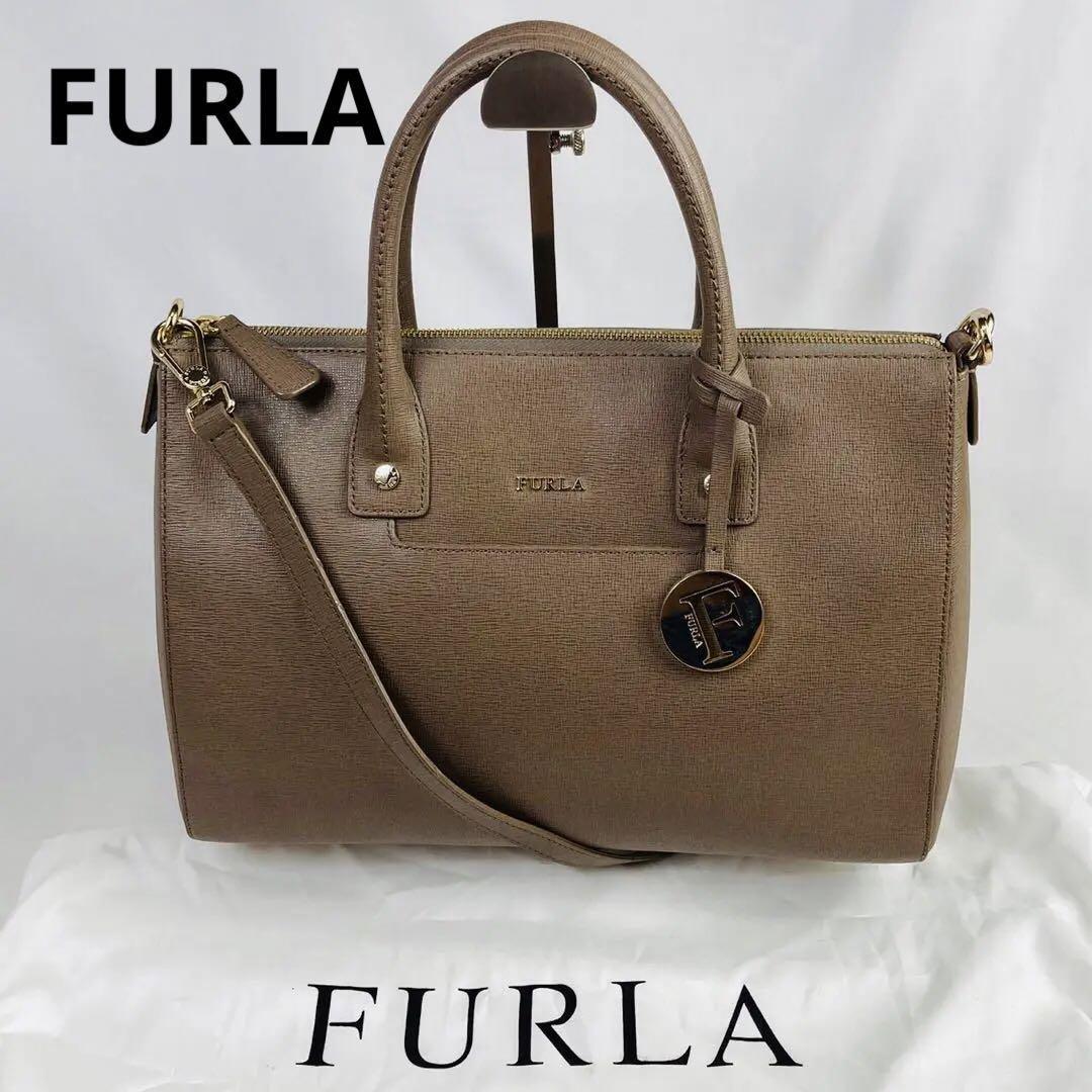 極美品FURLA フルラ リンダ ハンドバッグ 2way ショルダー グレージュ-