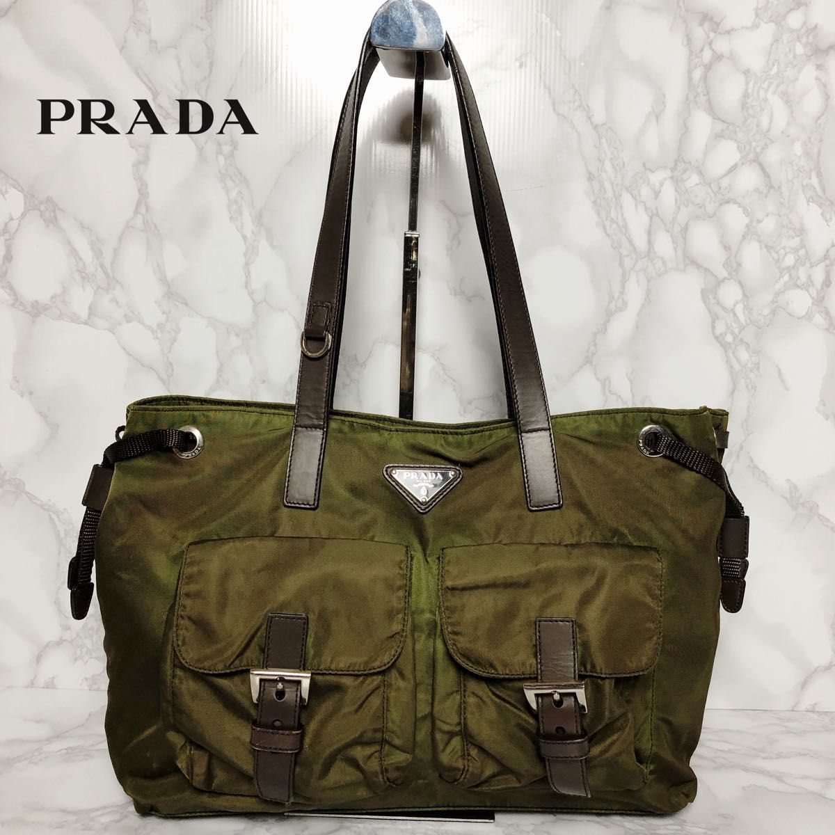 PRADA プラダ トートバッグ ハンドバッグ 肩掛け カーキ 三角ロゴ PRADA プラダ トートバッグ ハンドバッグ 肩掛け カーキ 三角ロゴ