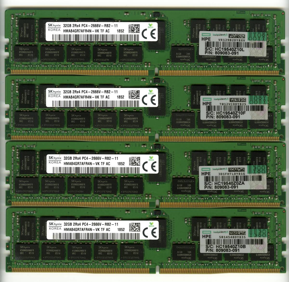 【RDIMM】DDR4-2666、ECC Registered、32GBの4枚セットで128GB、中古 　　SKhynix HPE純正　reg サーバー用　Z4G4で動作確認済み 1852-2