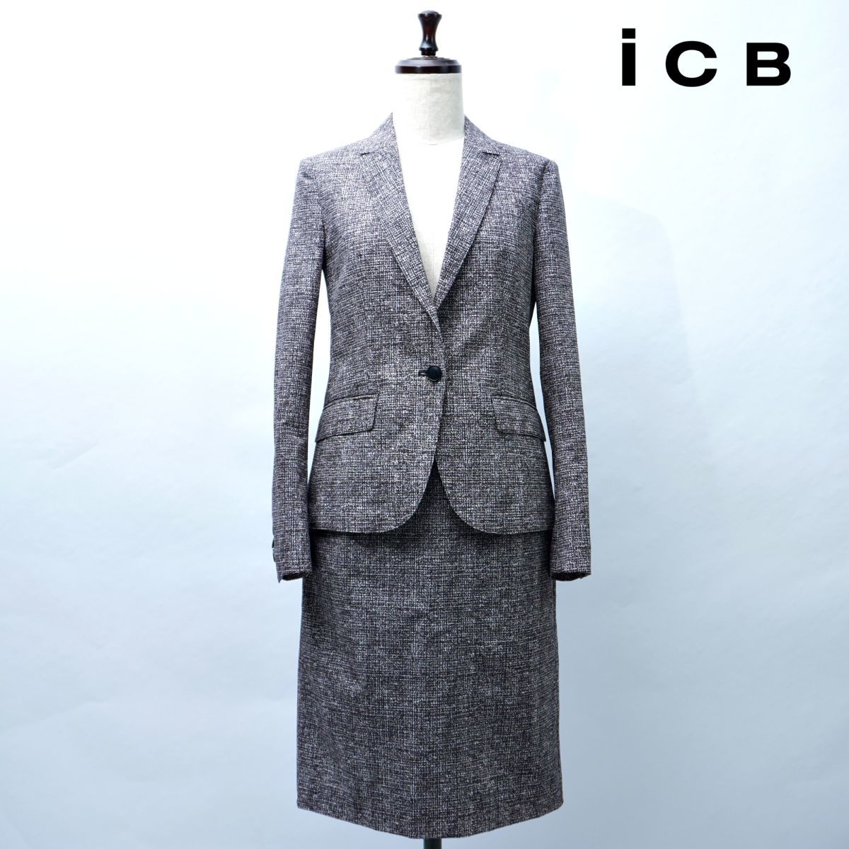 美品 iCB ツイード風セットアップ スーツ スカート 膝丈 テーラードジャケット 背抜き グレー サイズ7*GC1361