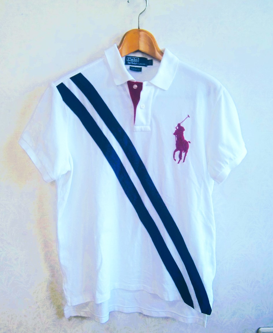 【美品即決 送料無料】POLO by ポロラルフローレン タスキ ライン 刺繍ビッグポニー 半袖ポロシャツ★鹿の子コットン/メンズL ホワイト_画像1