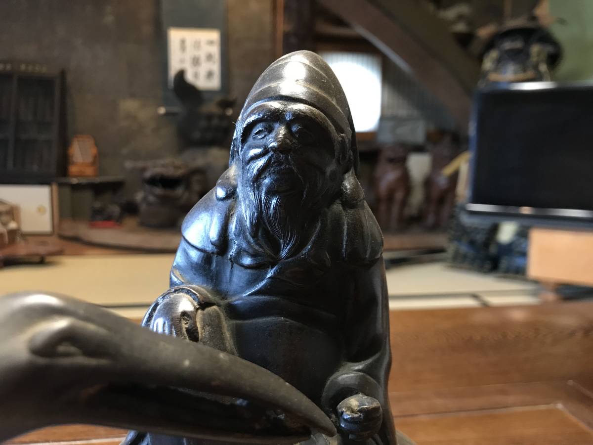 時代品古美術銅器鶴に乗る恵比寿大黒天 香炉茶道具 茶人鉄瓶 銅製 時代品古美術銅器鶴に乗る恵比寿大黒天 香炉茶道具 茶人鉄瓶 銅製