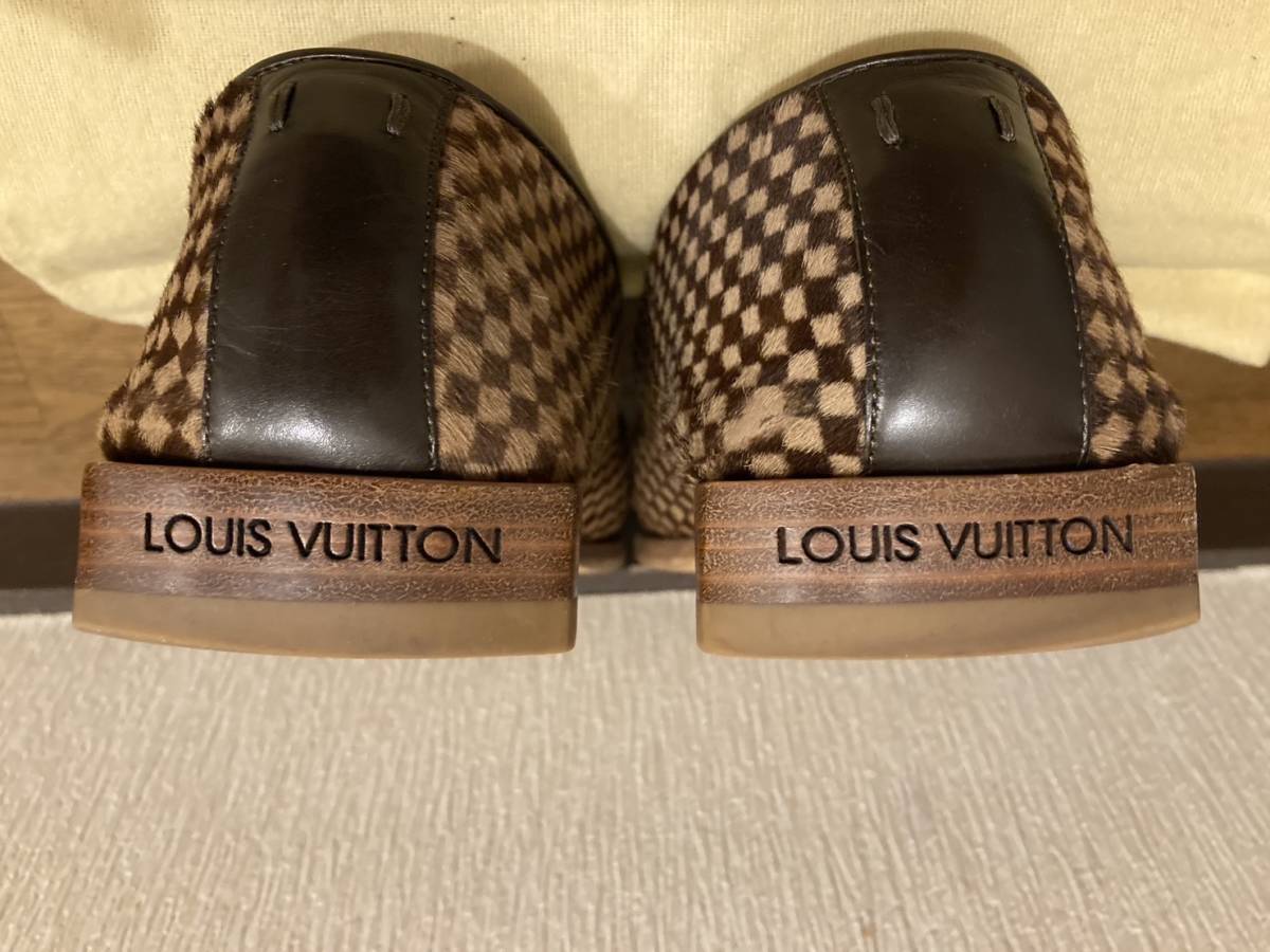 ●LOUIS VUITTON ルイヴィトン シューズ （7 1/2 26cm〜26.5cm） ハラコ ダミエ 靴 箱付き ローファー スリッポン イタリア製_画像4