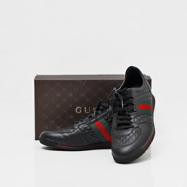 【size8(26.5～27cm程度)】【中古・美品】グッチ GUCCI マイクログッチシマ ウェブ 本革 スニーカー シューズ ブラック [メンズ] 233334_画像1