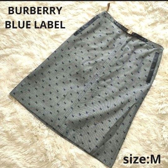 希少！！美品 BURBERRY BLUE LABEL バーバリーブルーレーベル 膝丈スカート ホースロゴ刺繍 総柄 38 M
