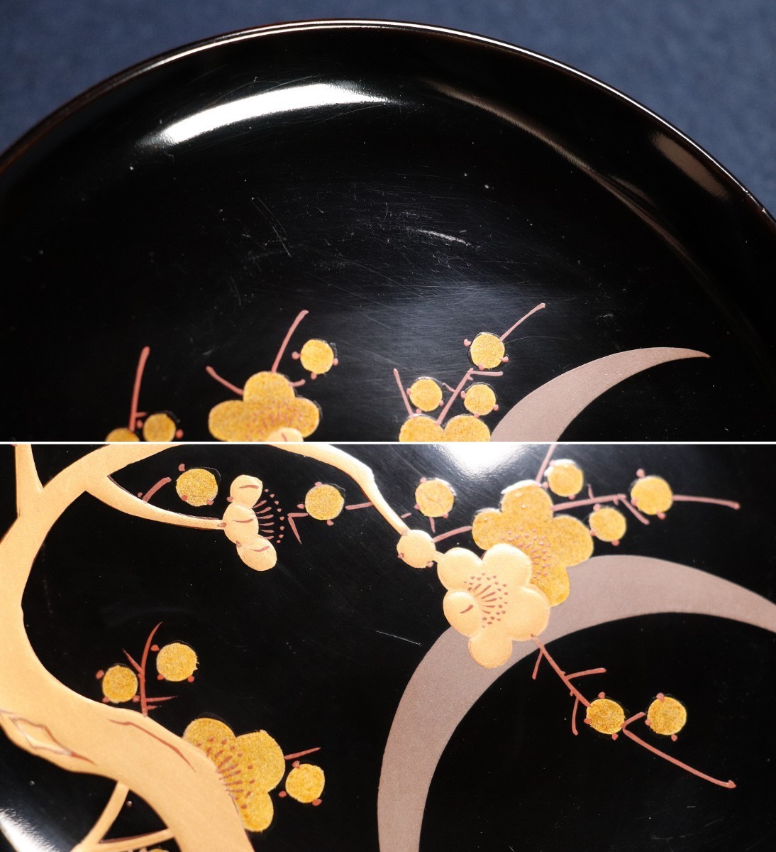 CF87 時代輪島塗 梅に月 金蒔絵 黒塗木皿 二客 約14cm 菓子取皿 木製