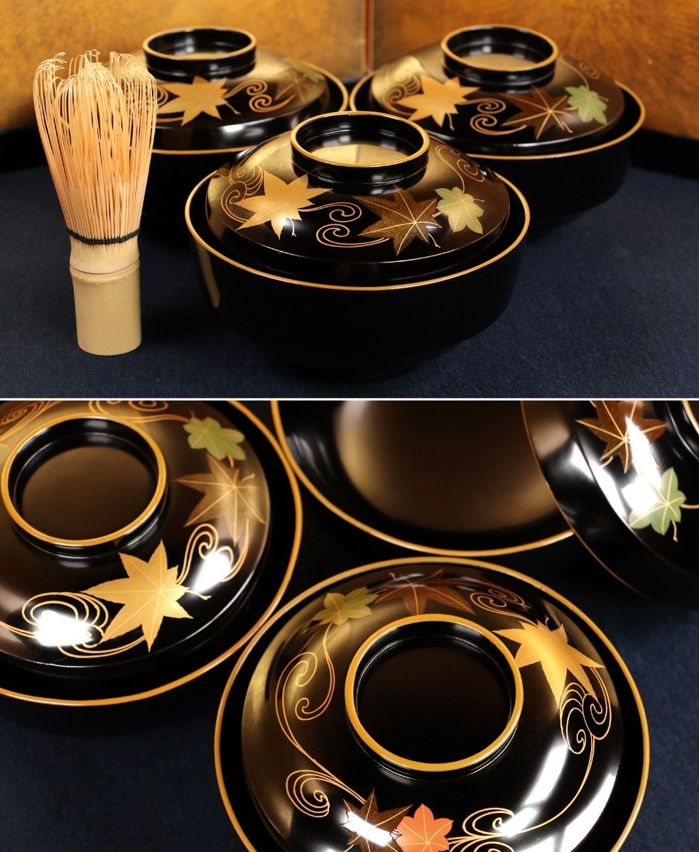 CF77 輪島塗 木製漆器 流水紅葉蒔絵 黒塗椀 三客 金蒔絵 色蒔絵 / 紅葉散らし伝統工芸品茶懐石道具会席宴席能登加賀煮物吸物飯汁料理