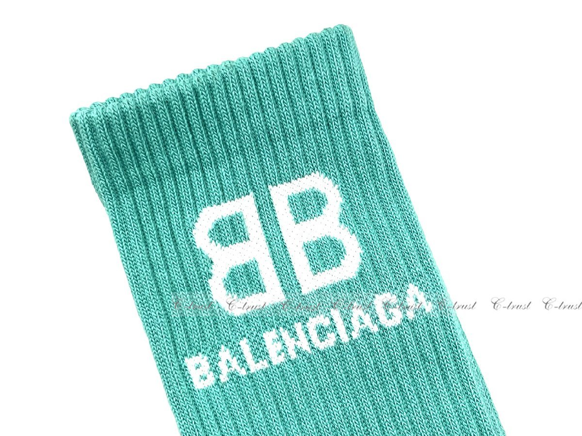 K012-M9.. BALENCIAGA バレンシアガ ソックス コットン 靴下 ロゴ 新品 ★ 3977 MINT × WHITE_画像3