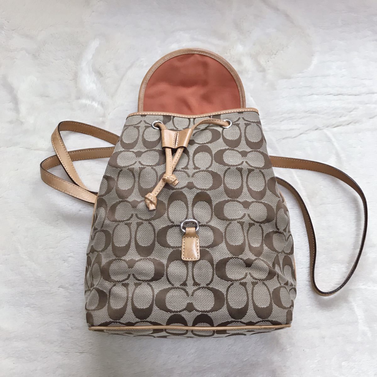 COACH リュックサック シグネチャー ベージュ レザー キャンバス 総柄