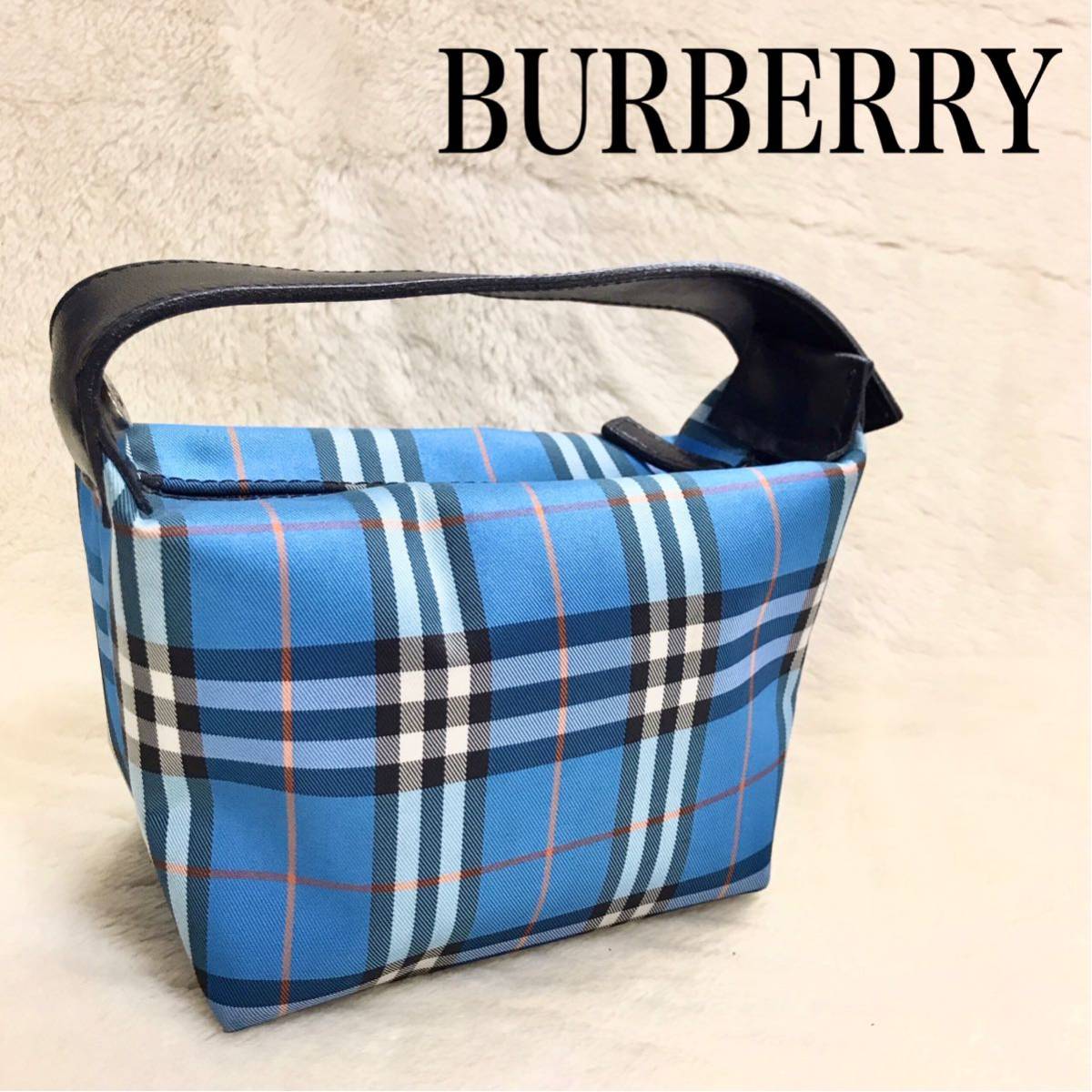 希少モデル BURBERRY LONDON 青 チェック ミニハンドバッグ 総柄 バーバリー ロンドン