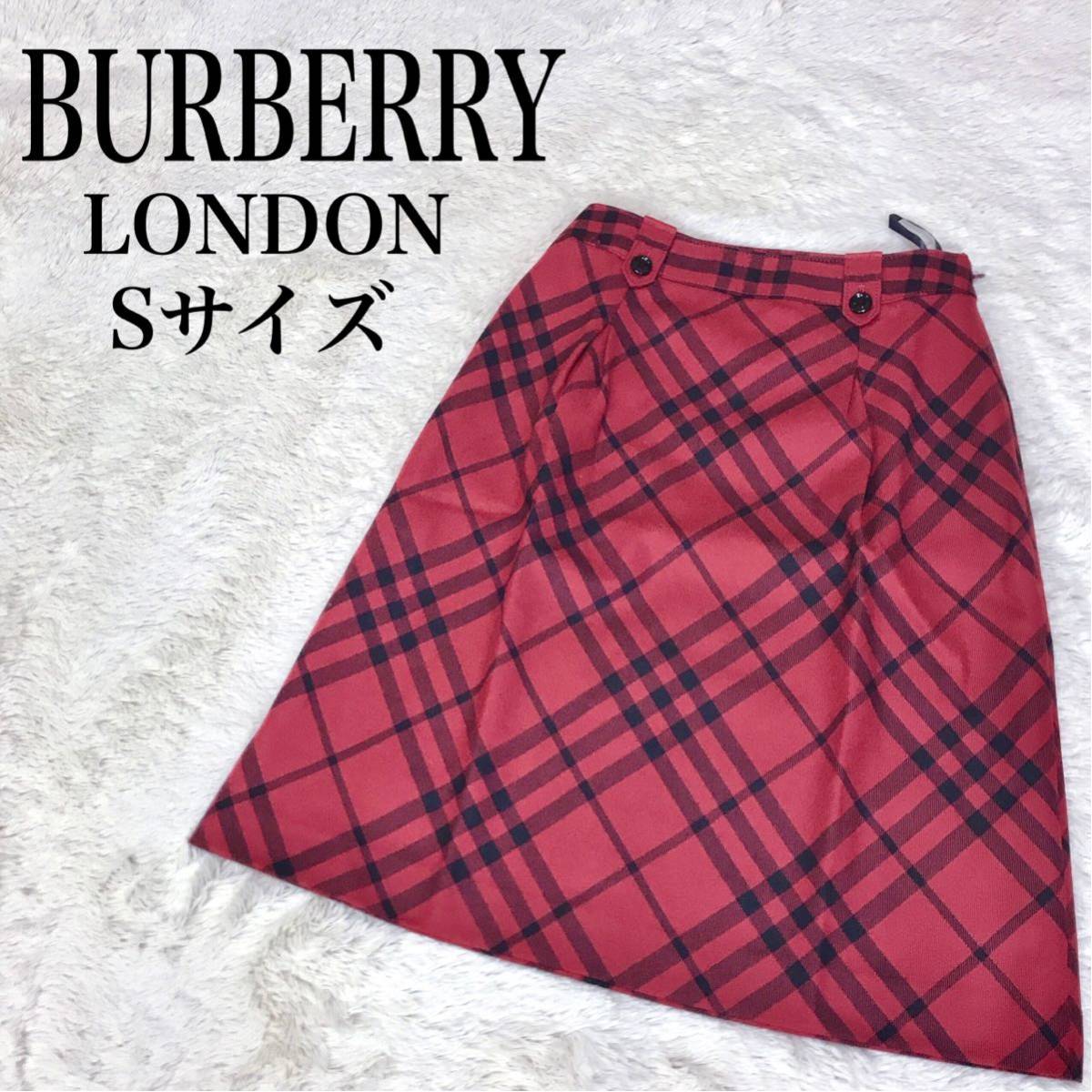 美品 BURBERRY バーバリーロンドン スカート タック ウール チェック チェックスカート 膝丈スカート 赤 レッド