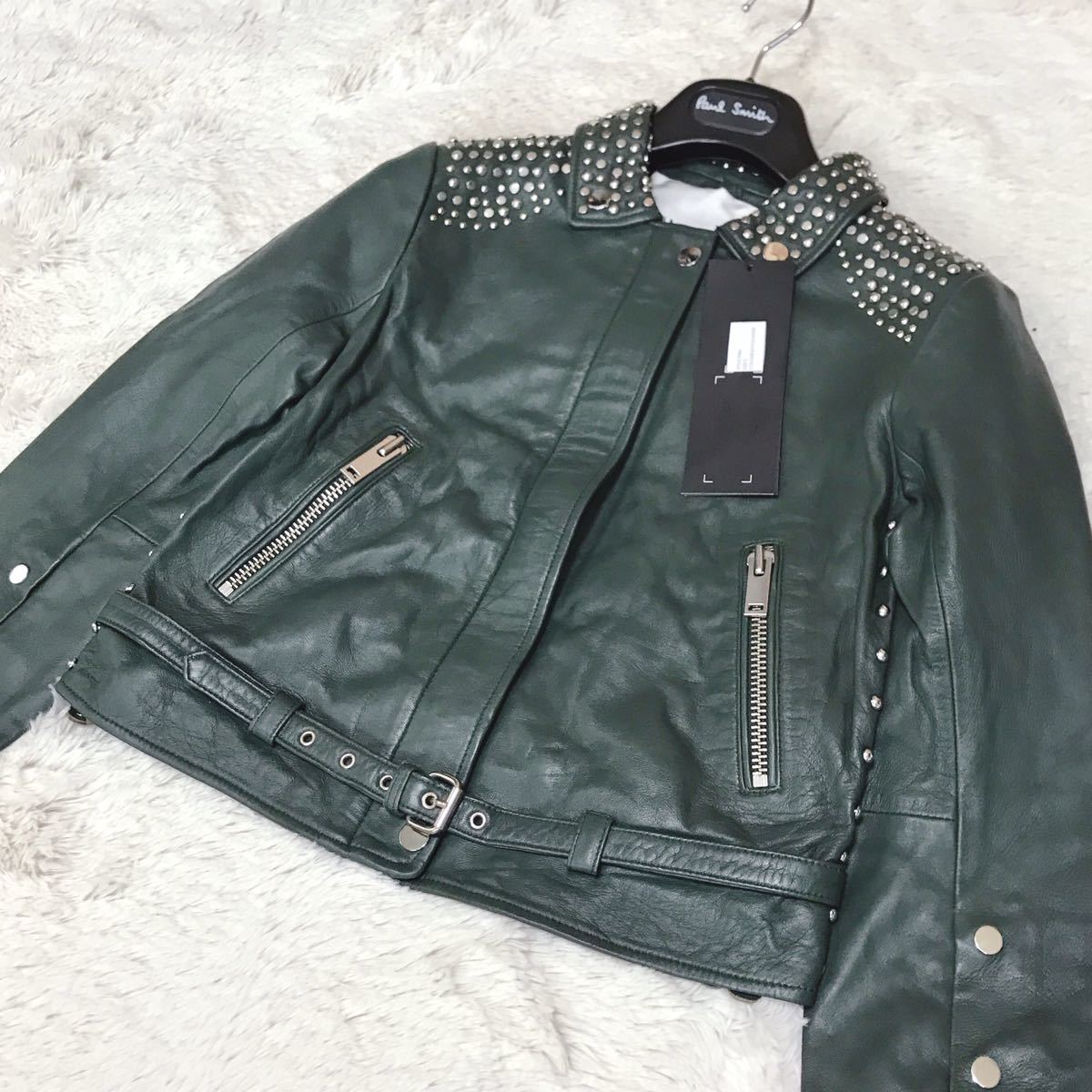 新品 DOMA ドマ スタッズ レザージャケット ラムレザー ライダース 緑