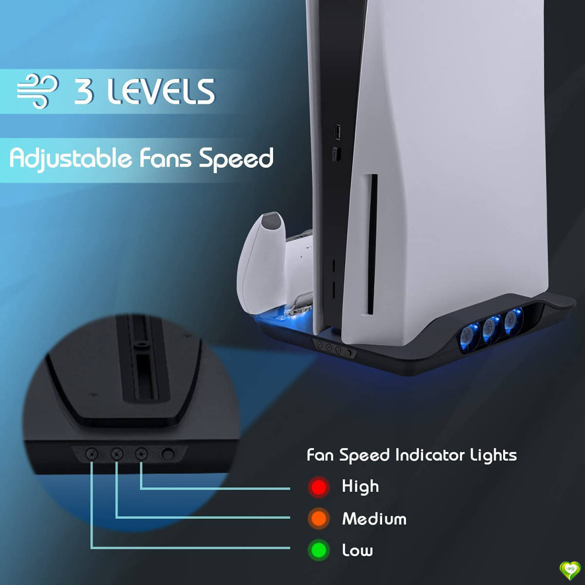 PS5 縦置きスタンド 冷却ファン＆コントローラー2台同時充電可能 多機能USB付き PS5通常版（UHD）とデジタル版適用 ブラック 黒