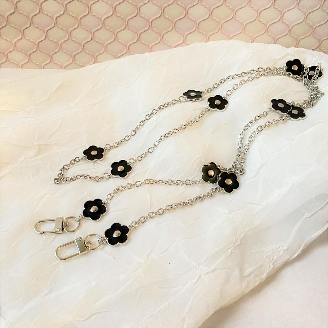  shoulder strap single goods ( flower ) smartphone shoulder chain strap black flower small flower silver chain stylish lovely 