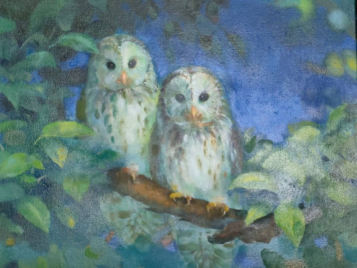  Nagasaki purchase [ copy ] autograph oil painting middle island preeminence Akira owl nature .. thing night forest work of art decoration thing interior frame art picture condition. is good great work 