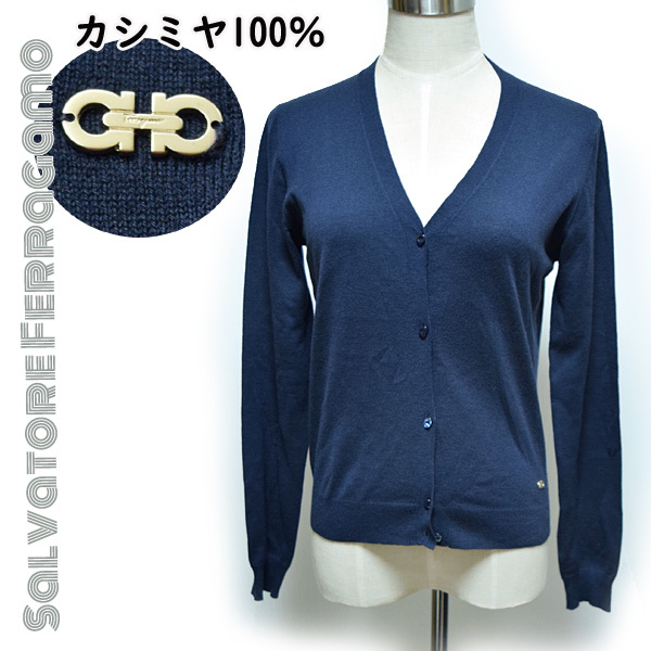 Salvatore Ferragamo# gun chi-ni metal fittings attaching cashmere 100% long sleeve cardigan lady's S Ferragamo navy navy blue autumn winter 