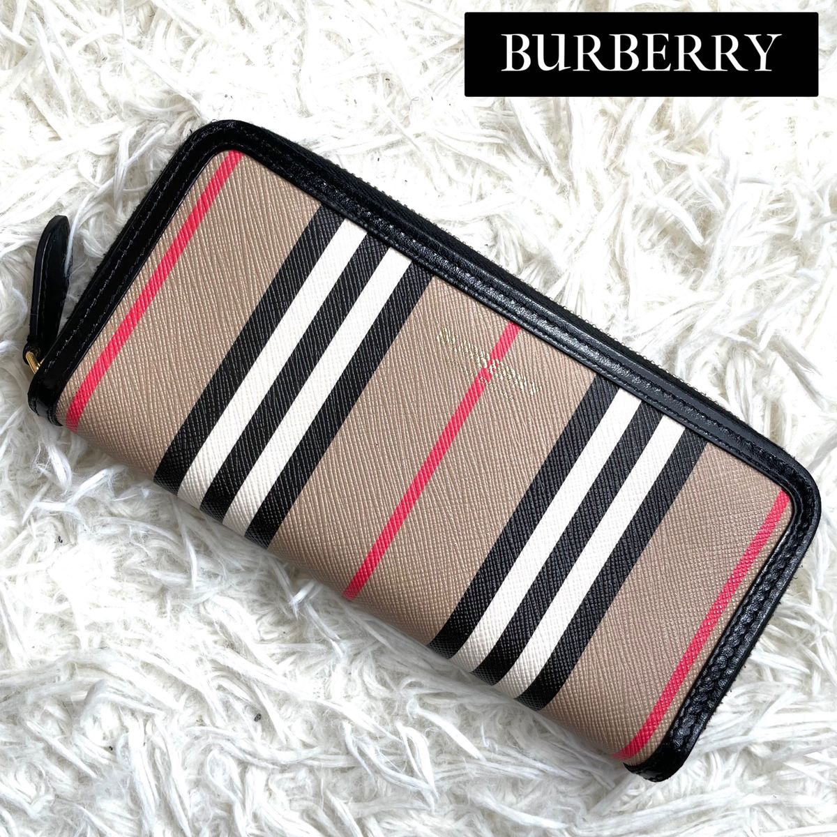 極美品 入手困難 / BURBERRY バーバリー アイコンストライプラウンドジップウォレット 長財布 レザー ノバチェック