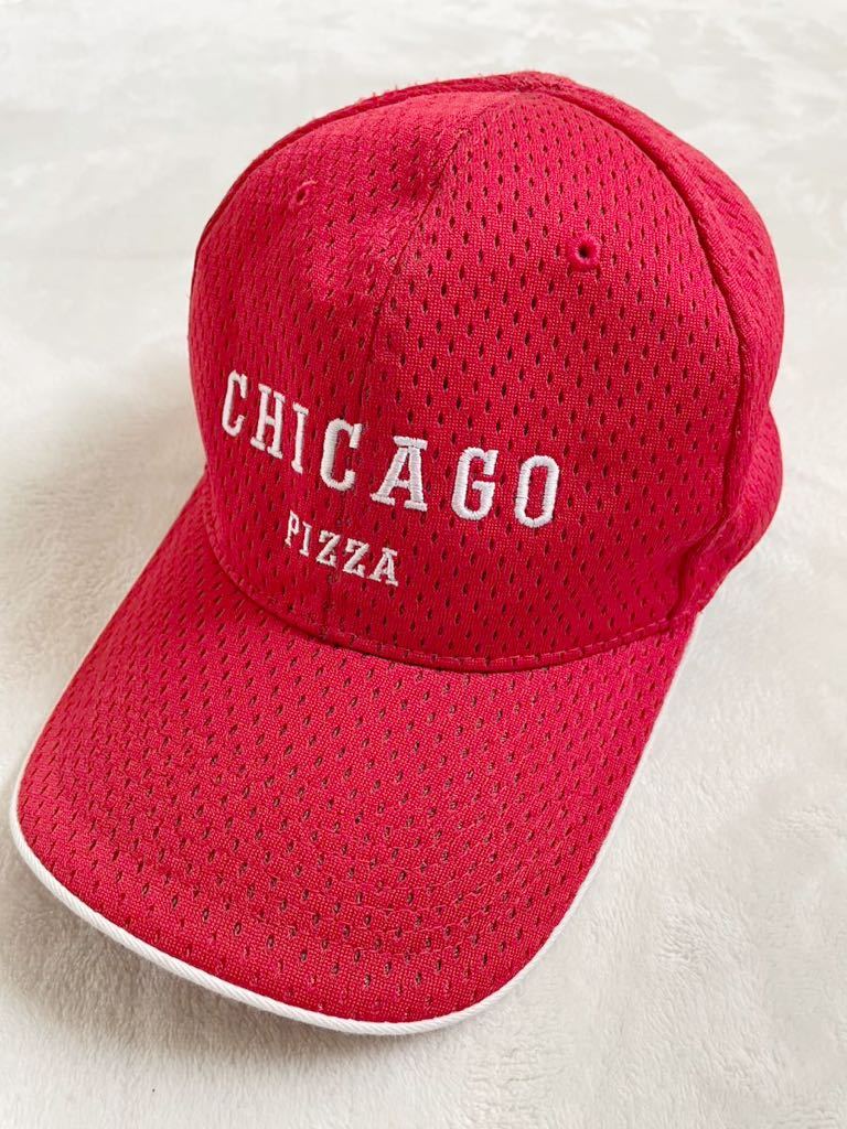 美品　CHICAGO PIZZA　シカゴ ピザ　メッシュキャップ　野球帽　レッド　刺繍ロゴ　大人用　フリーサイズ　アメカジ　古着_画像1