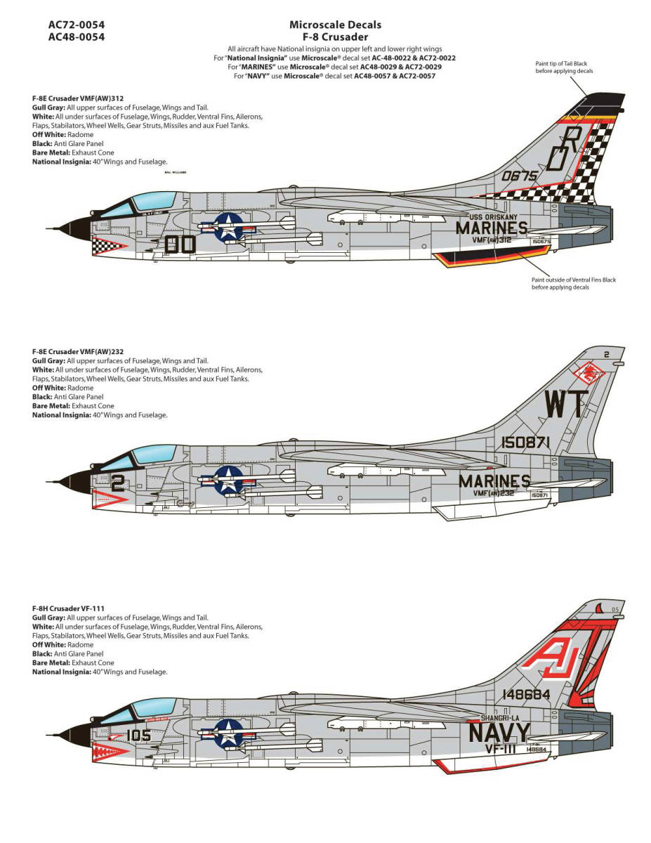 1/72 マイクロスケールデカール　 AC72-0054 F-8E Crusaders VMF (AW) 312, VMF (AW) 232 & VF-111_画像2