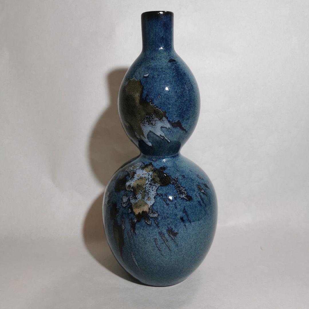 南紀 御浜窯 みはま焼 花瓶 ひょうたん型 ブルー地に釉薬かけ USED美品｜PayPayフリマ