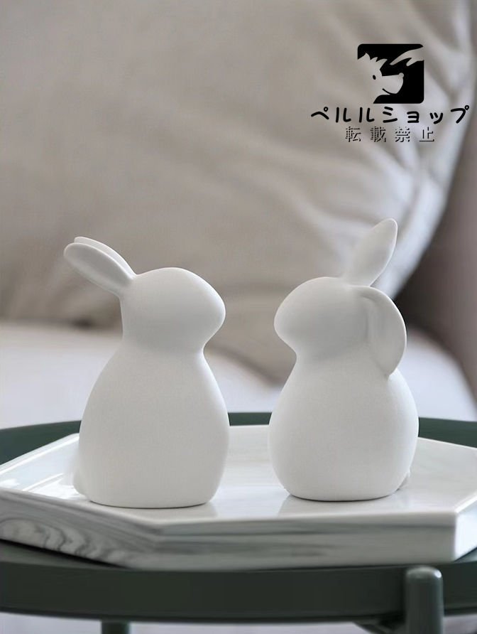 置物 セラミッククラフトウサギ リビングルームの装飾 白い陶製のウサギの置物 プレゼント セラミックうさぎ2匹 干支_画像6