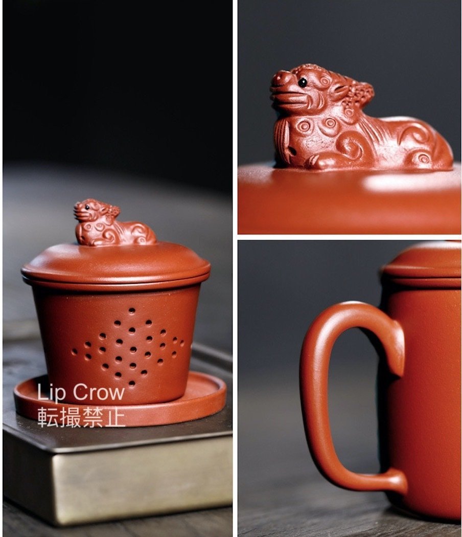 特売蓋つき 紫砂陶器 ティーカップ フィルターコップ カンフーティー茶器 立体 神獣飾り 彫刻工芸 手づくり_画像5