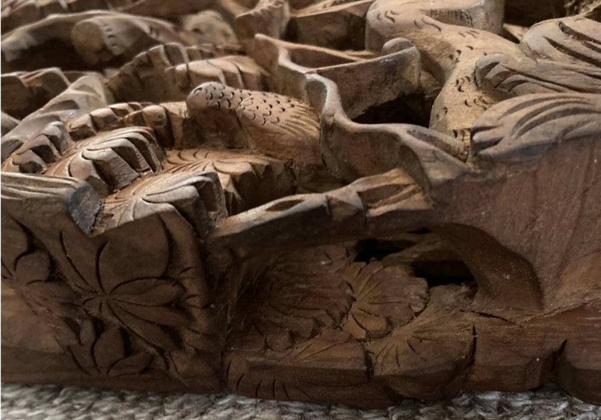 木彫り細工 技巧 木彫 鳥 鹿 壁掛 天然木 珍品_左横